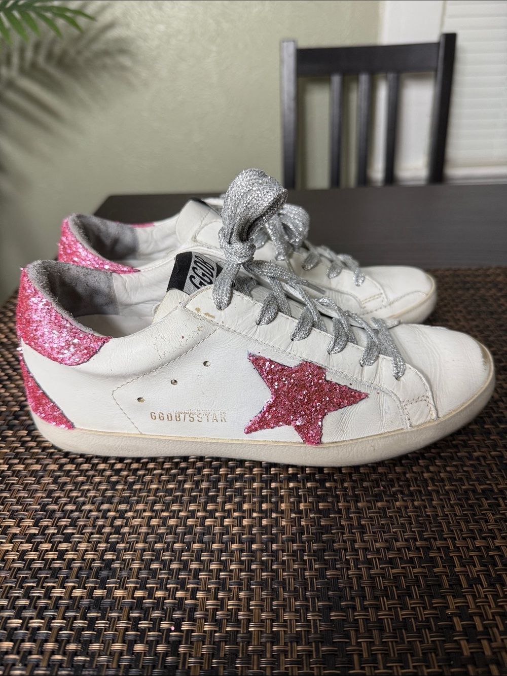 Golden Goose Super-Star White Sneakers with Pink Glitter Heel